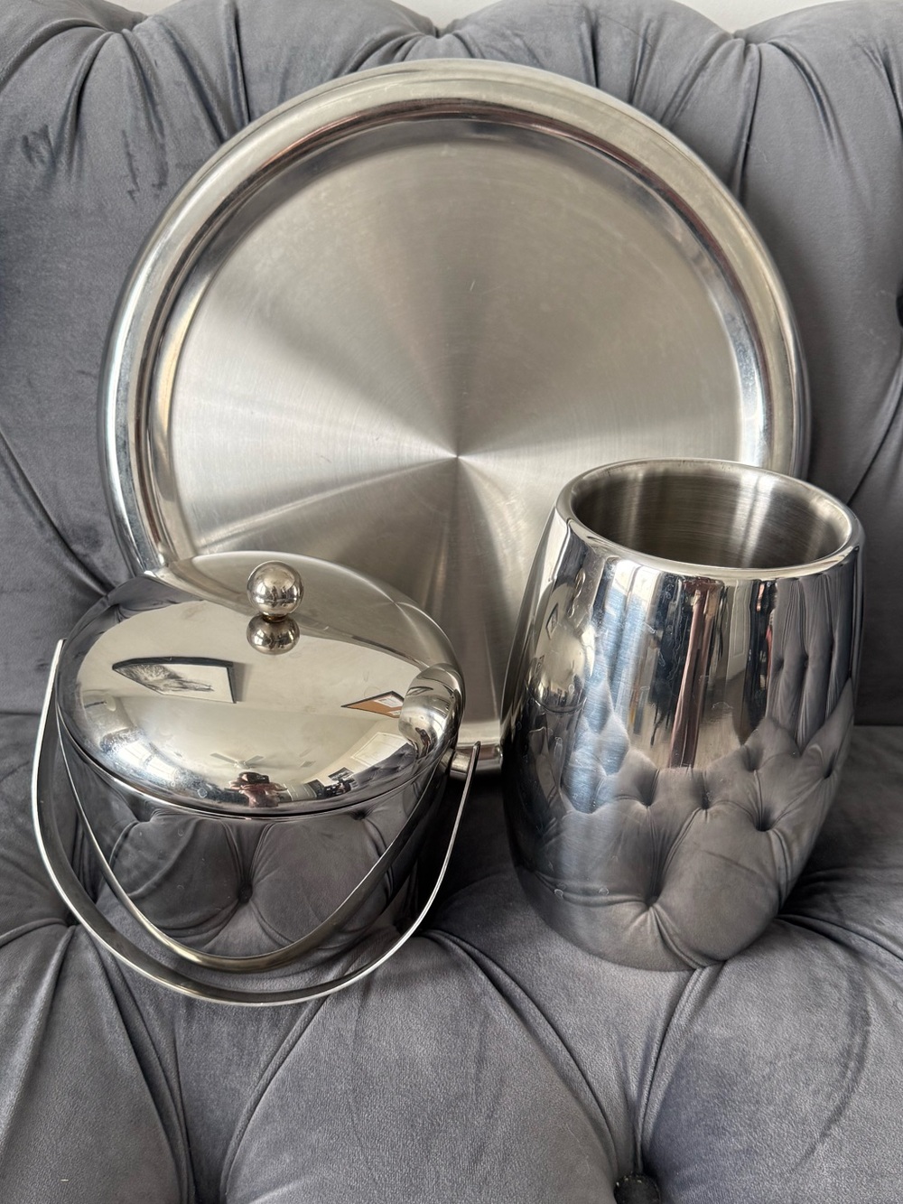 Vintage Stainless Steel Serving Tray, Ice Bucket & Wine Cooler Set - Silver